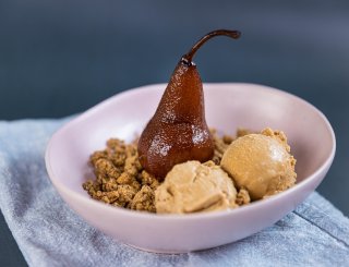 poached pear in coffee syrup