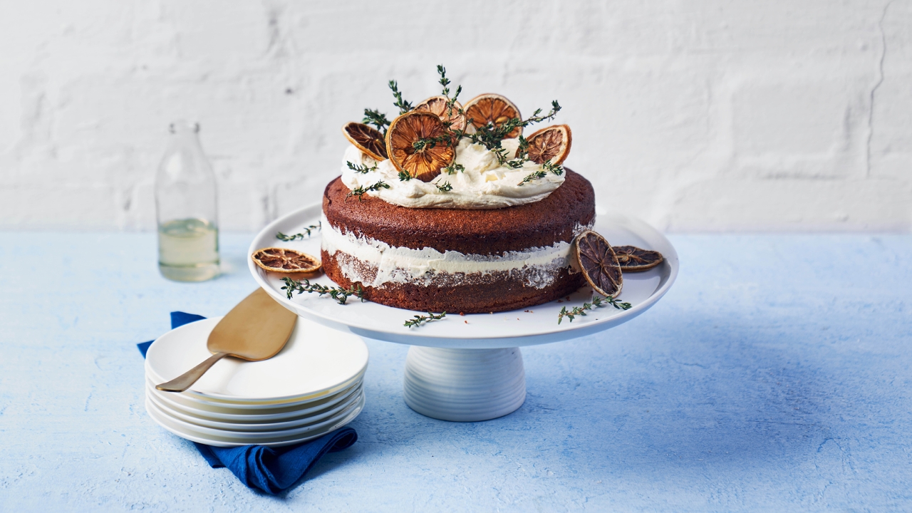 almond cake with lemon thyme syrup