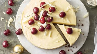 White Chocolate Cheesecake with Frosted Cherries