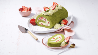 Matcha Roll Cake with Strawberries and Cream